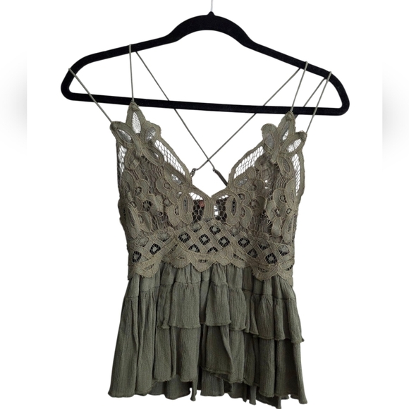 Free People Adella Cami Olive Green Lace Ruffle Top - Picture 10 of 12
